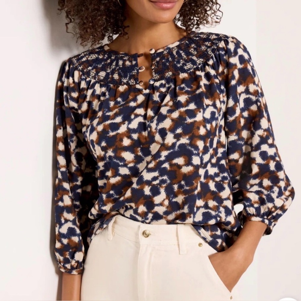 Evereve Navy, Brown & Cream Smocked Yoke Blouse